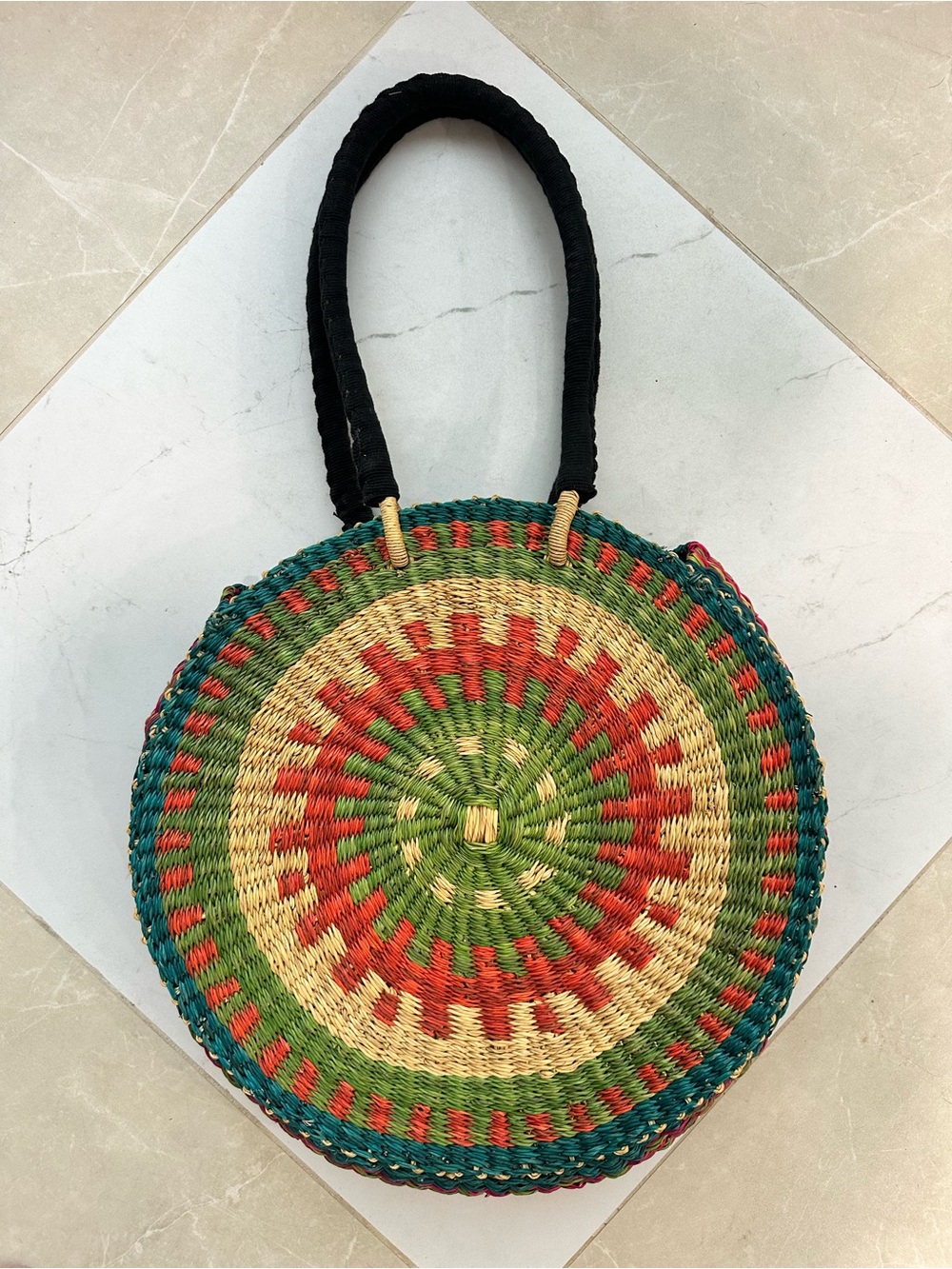 Nena & Co. Handwoven Round Straw Shoulder Bag- Ghana Collection